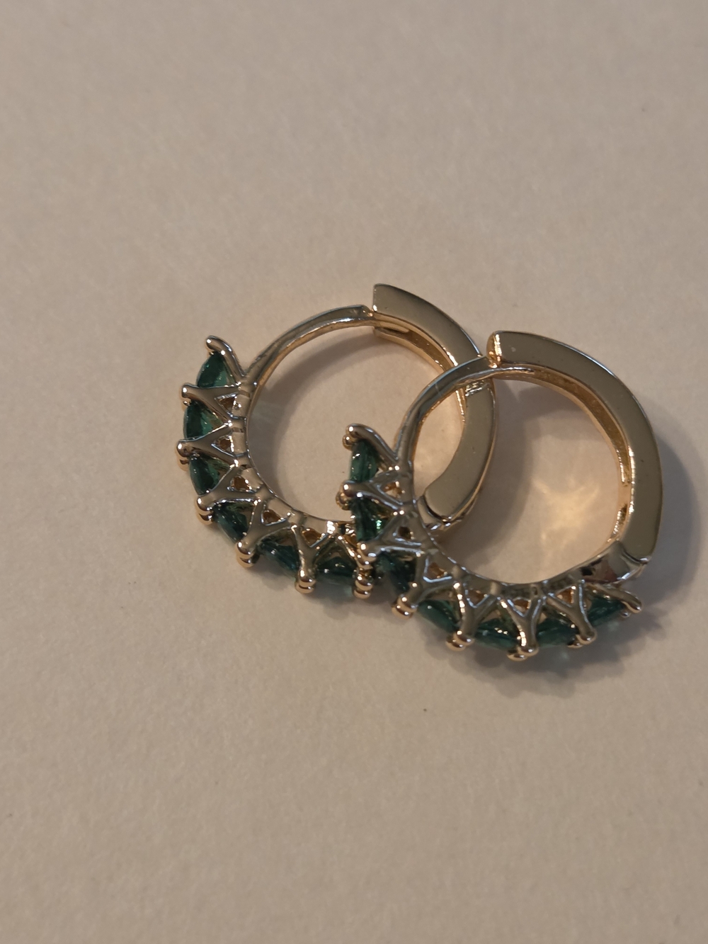 Gold Toned Hoop Earrings with Green Stones - Women Jewelry